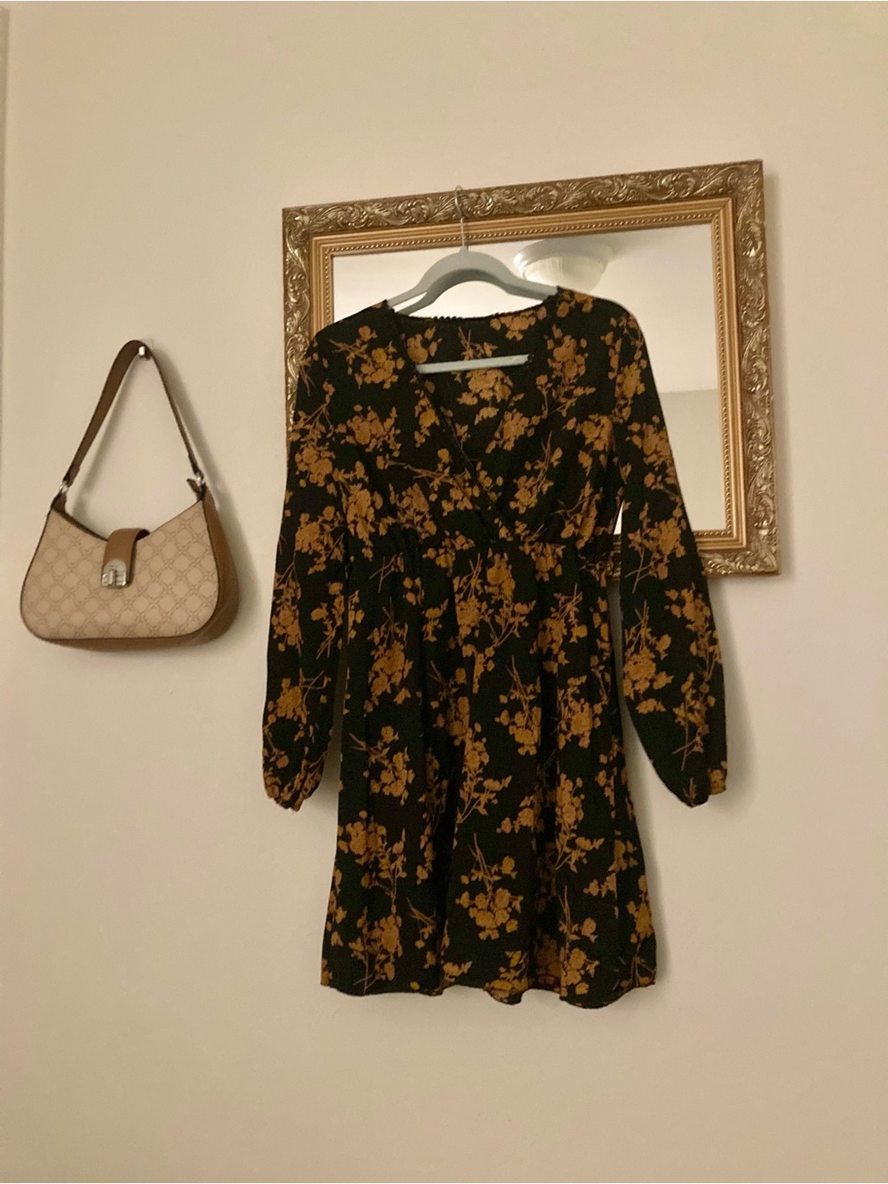 Black Floral Long-Sleeve Mini Dress with Mustard Print